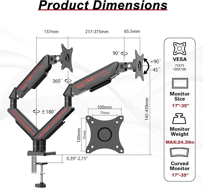 Monitor Arm, Gas Spring Monitor Stand for 17-35 Inch Screens up to 24.3 lbs, Adjustable Mount with C-Clamp & Grommet Base, Ergonomic Computer Mount (Dual Arm Black)