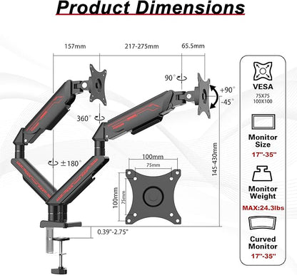 Monitor Arm, Gas Spring Monitor Stand for 17-35 Inch Screens up to 24.3 lbs, Adjustable Mount with C-Clamp & Grommet Base, Ergonomic Computer Mount (Dual Arm Black)