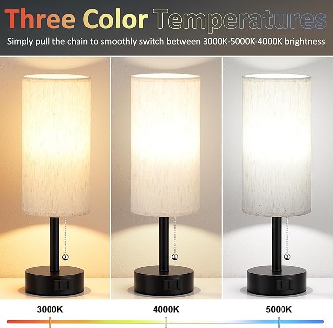Fenmzee Bedside Table Lamp for Nightstand - 3 Color Temperatures Pull Chain Lamp with AC Outlet Charging Port, Round Night Stand Light for Bedroom Living Room, Small Bed Side Light with E26 LED Bulb