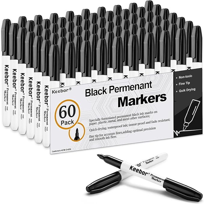 Permanent Markers Bulk, 60 Pack Black Permanent Markers, Quick Drying & Fade Resistant, Fine Point Marker Set for Wood, Plastic, Paper, Metal