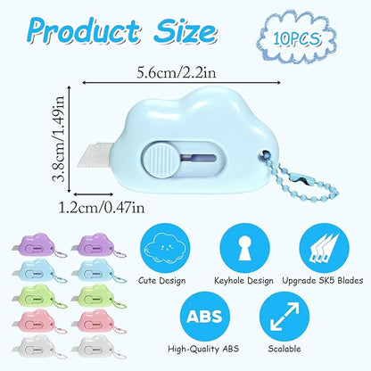 Cloud Shaped Retractable Box Cutter Set - 10 Pack Mini Utility Knife Letter Opener Envelope Slitter, Small Package Opener Paper Cutters with Keychain Hole