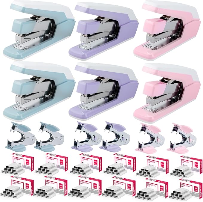Deli Stapler, Effortless Staplers for Desk, 40-50 Sheet Capacity Heavy Duty, One Touch, No Effort, Easy to Load, with 1500 Staples & Staple Remover, 6 Pack, 3 Colors