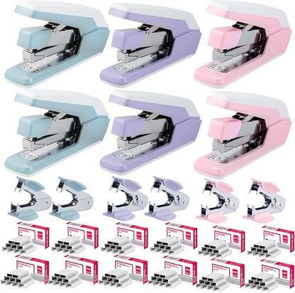 Deli Stapler, Effortless Staplers for Desk, 40-50 Sheet Capacity Heavy Duty, One Touch, No Effort, Easy to Load, with 1500 Staples & Staple Remover, 6 Pack, 3 Colors