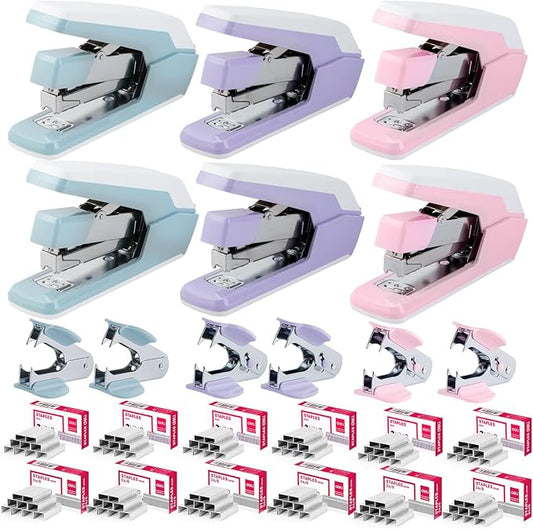 Deli Stapler, Effortless Staplers for Desk, 40-50 Sheet Capacity Heavy Duty, One Touch, No Effort, Easy to Load, with 1500 Staples & Staple Remover, 6 Pack, 3 Colors