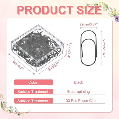 PATIKIL 100 Pcs Paper Clip, 2inch Non-Skid Metal Paper Clamp Clips Large for Office Supplies Craft Scrapbook Document Note Sorting, Electroplating, Black