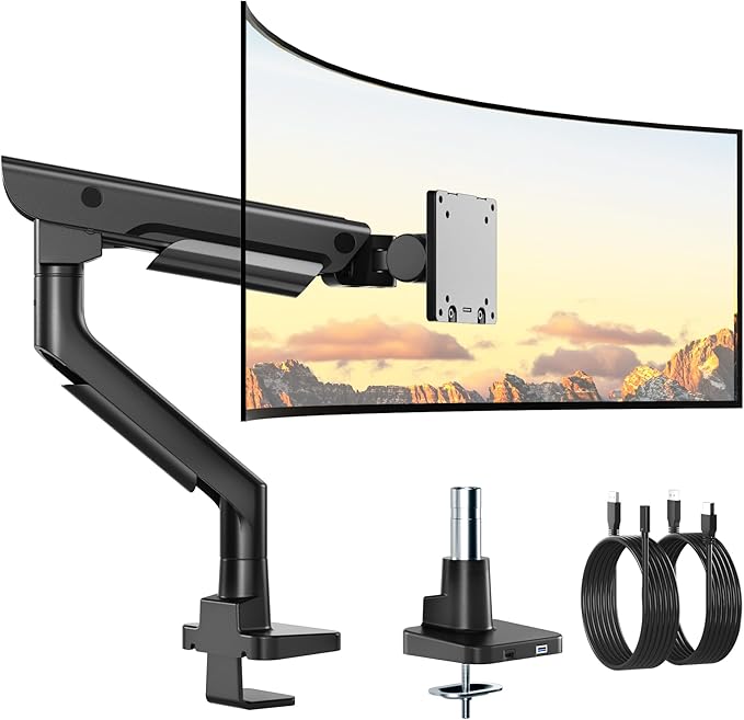 monTEK Sleek Aluminum Monitor Arm for 17–57” Ultrawide Screens up to 59 lbs, USB 3.0 A/C, Heavy Duty Single Monitor Arm Desk Mount, Pneumatic Lift, Quick-Release Plate, Clamp/Grommet, VESA 100x100