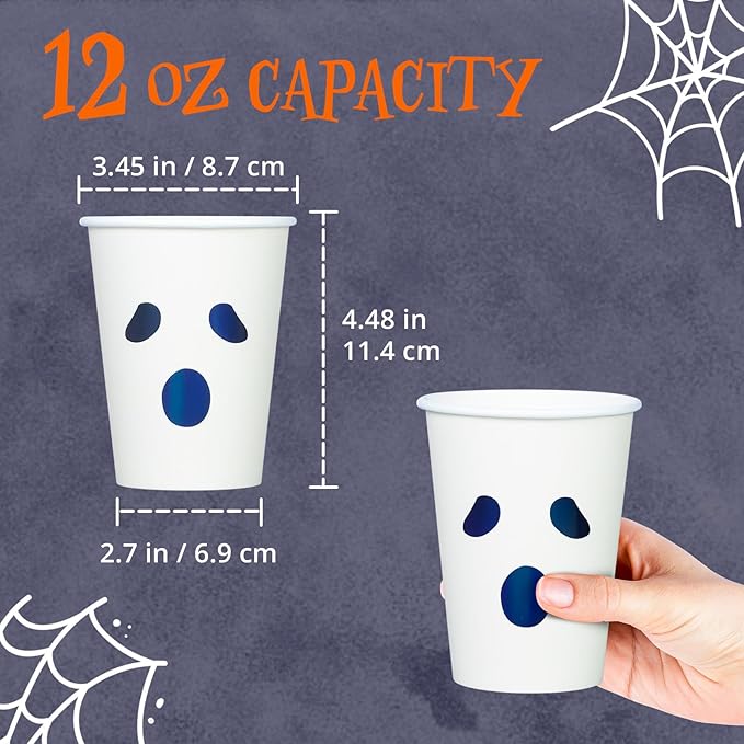 Halloween Disposable Paper Party Cups, Bulk 50 Pack, Leak-Resistant, 12 oz Hot and Cold Cups for Restaurants and Parties, Ghost Face