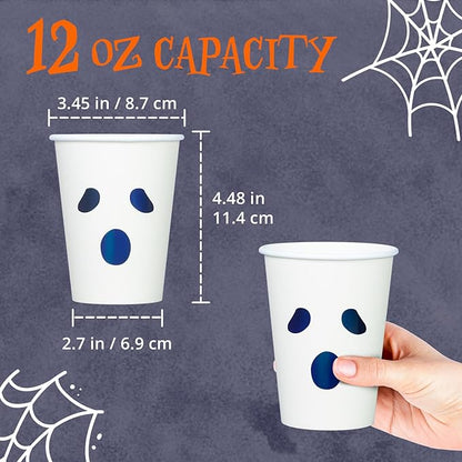 Halloween Disposable Paper Party Cups, Bulk 50 Pack, Leak-Resistant, 12 oz Hot and Cold Cups for Restaurants and Parties, Ghost Face