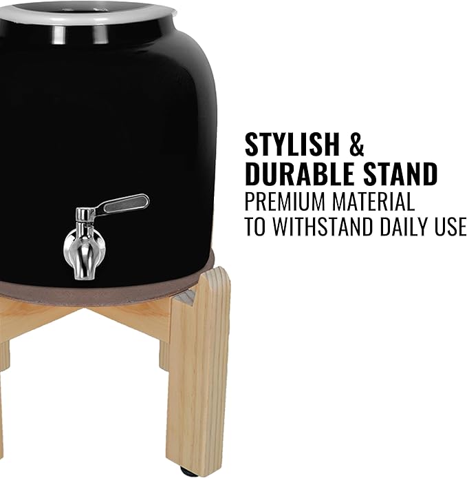 Geo Sports Porcelain Ceramic Crock Water Dispenser, 8 Inch Wood Stand, Stainless Steel Faucet, Fits 3 to 5 Gallon Jugs. (Black)