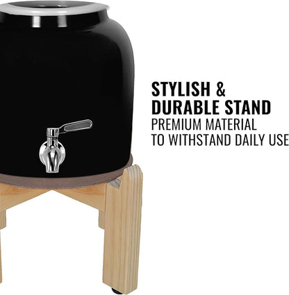 Geo Sports Porcelain Ceramic Crock Water Dispenser, 8 Inch Wood Stand, Stainless Steel Faucet, Fits 3 to 5 Gallon Jugs. (Black)