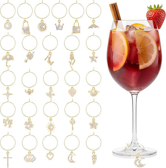 Junkin 26 Pcs Wine Glass Charms Markers Tags for Stem Glasses Drink Markers Wine Charm Ring Identifier for Wedding Bachelorette Tasting Holiday Party Favor Decoration (Rhinestone Style)
