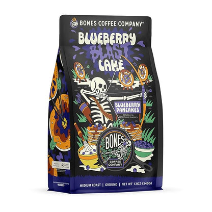 Bones Coffee Company Blueberry Blast Cake, Blueberry Pancakes Flavored Coffee, Medium Roast Low Acid Arabica Beans Compatible with Auto drip and French Press Coffee Maker, 12 Oz Ground