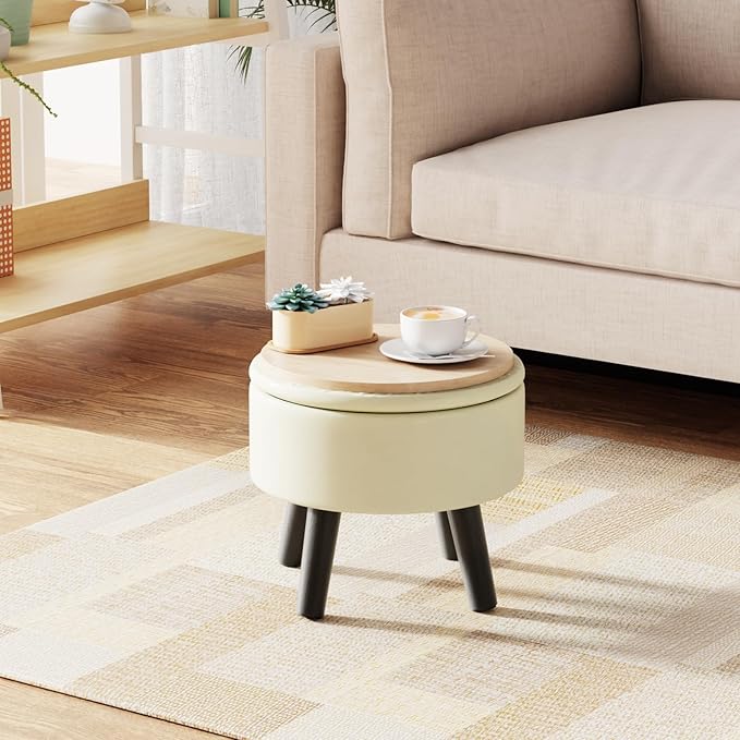 Small Foot Stool Ottoman with Storage, Faux Leather Ottoman Foot Rest for Couch, Round Footstool Ottomans for Living Room (White)