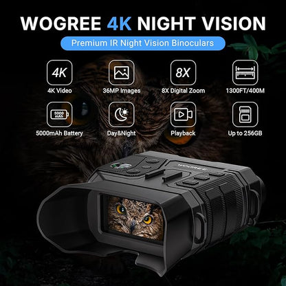 Night Vision Goggles, 4K Night Vision Binoculars for Adults, 36MP Photo, 5000mAh Rechargeable Battery, 1300FT Range, 8X Digital Zoom, Infrared Vision, 32GB SD, Flashlight & Compass for Camping