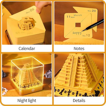 3D Time Piece Calendar 2026 DIY Calendars Tear Away Carving Art 3D Memo Pad Calendar With LED Lights sculpture artsy pads calendar notepad for Desktop Decor-Pyramid