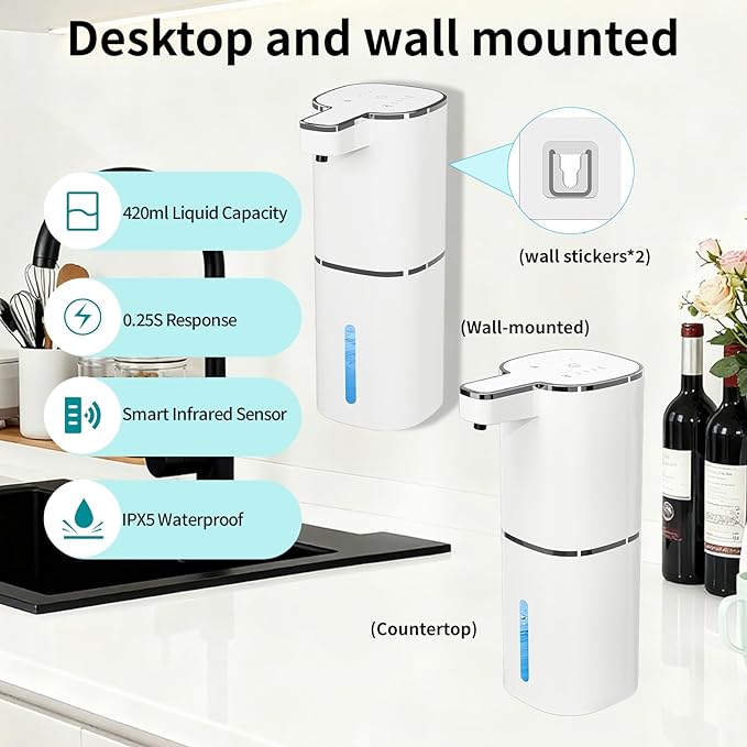 Automatic Soap Dispenser Touchless, Wall Mounted Smart Soap Dispenser, USB Rechargeable, 4 Adjustable Levels, 14.2oz / 420ml Large Capacity, for Bathroom, Kitchen, School (White, Foaming)