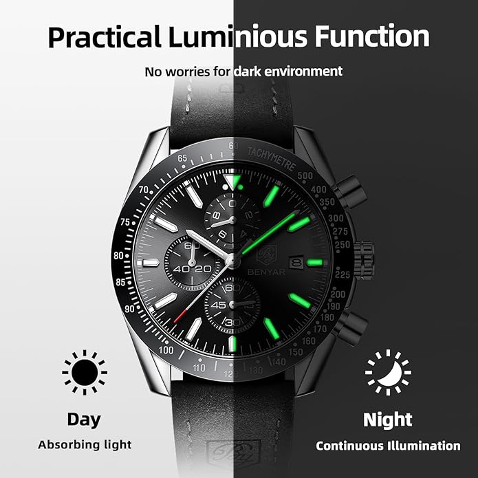 BY BENYAR Watch for Men Analog Quartz Chronograph Waterproof Luminous Designer Mens Wrist Watches Business Work Sport Casual Dress Watch with Silicone Strap Elegant Gifts for Men