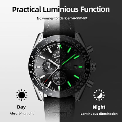 BY BENYAR Watch for Men Analog Quartz Chronograph Waterproof Luminous Designer Mens Wrist Watches Business Work Sport Casual Dress Watch with Silicone Strap Elegant Gifts for Men