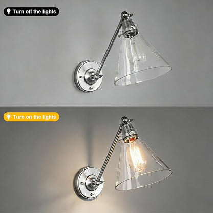 Industrial Vintage Slope Pole Wall Mount Single Sconce with Funnel Flared Clear Glass Shade, Swing Arm Wall Sconce Light Lamp Fixture Hardwired