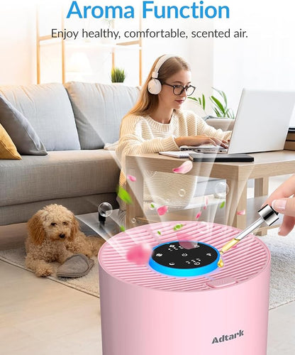 Air Purifiers for Home Bedroom, ADTARK Air Cleaner with H14 True HEPA 3-in-1 Filter, Sleep Mode & Aroma Function, 3 Light Modes, Room Air Purifier with 3 Timer for Office, Dorm, Hotel (Pink)