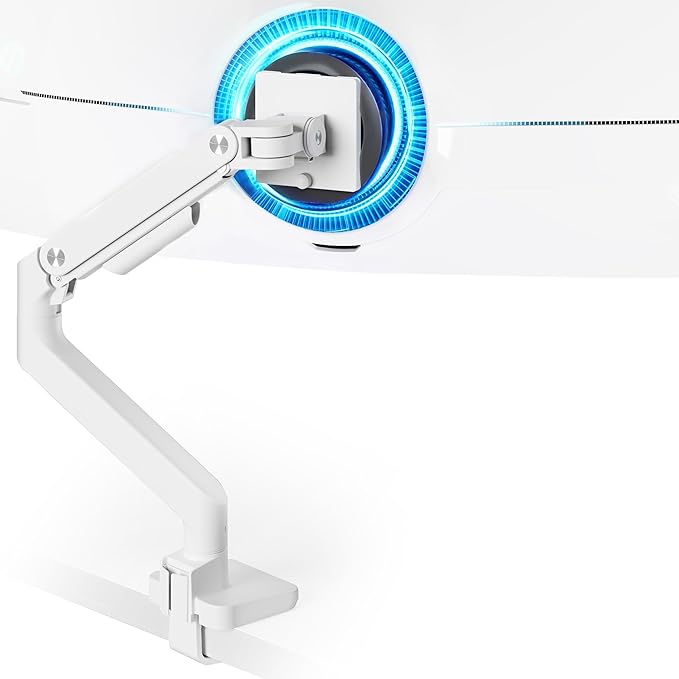 ARES WING Ultrawide Monitor Arm White for 17 to 49 Inch Heavy Duty Curved Screen, Holds 44 Lbs, Adjustable Gas Spring Monitor Arm Desk Mount with C Clamp, Grommet Base, 75/100 Vesa Mount