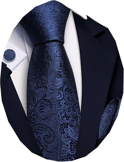 Barry.Wang Tie Sets for Men Silk Solid Necktie Stain Ties Handkerchief Pocket Square Cufflinks Wedding Business Dyed