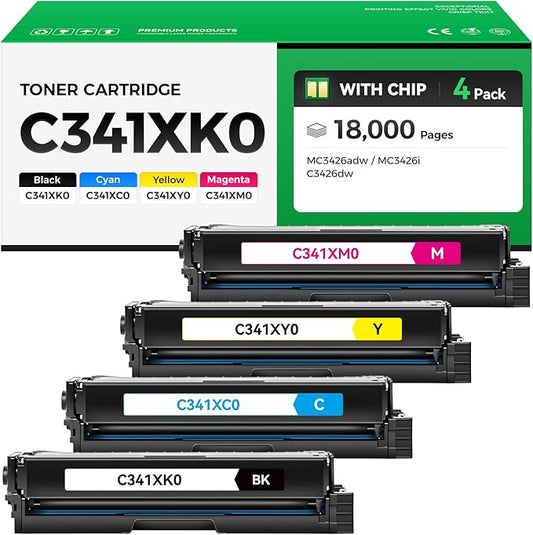 C341XK0 C341XC0 C341XM0 C341XY0 Toner Cartridge Set (4-Pack with Chip) High Yield Replacement Compatible for Lexmark Color MC3426adw C3426dw MC3426i Printer All-in-One Ink (Black Cyan Magenta Yellow)