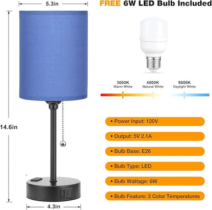 Blue Table Lamps 3 Color Temperatures - 3000K 4000K 5000K Bedside Lamps with USB C and A Ports, Pull Chain Lamps for Bedrooms with AC Outlet, Nightstand Lamps with Black Metal Base for Kids Boys