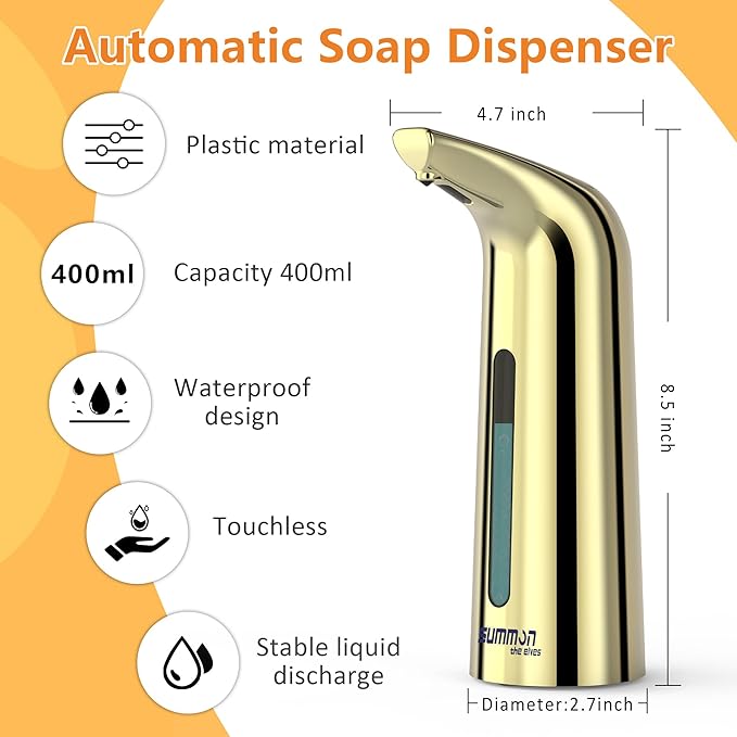 Automatic Liquid Soap Dispenser Touchless,400ML Hand & Dish Countertop Gold Electric Dispenser with Sensor,Modern 4 Gear Adjustable Waterproof Battery Operated Kitchen Auto Soap Pump