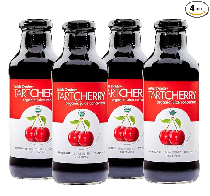 TAHITI TRADER Tart Cherry Juice Concentrate - Ready to Drink Organic Superfood Promoting Immune Support & Overall Health - Pure, Unsweetened Fruit Juice - (16 oz, 4 Pack)