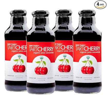 TAHITI TRADER Tart Cherry Juice Concentrate - Ready to Drink Organic Superfood Promoting Immune Support & Overall Health - Pure, Unsweetened Fruit Juice - (16 oz, 4 Pack)