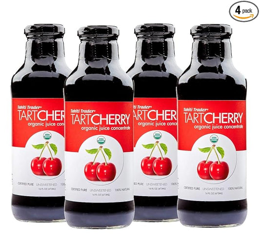 TAHITI TRADER Tart Cherry Juice Concentrate - Ready to Drink Organic Superfood Promoting Immune Support & Overall Health - Pure, Unsweetened Fruit Juice - (16 oz, 4 Pack)