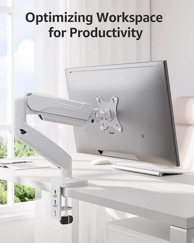 MOUNTUP Single Monitor Desk Mount Holds Screen up to 32 inch, Adjustable Gas Spring Monitor Arm, Computer Monitors Stand with Clamp/Grommet Mounting Base, VESA Mounts Fit 4.4-17.6lbs Computer, White