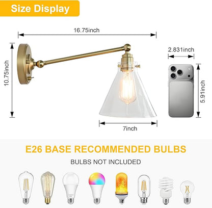 Industrial Vintage Slope Pole Wall Mount Single Sconce with Funnel Flared Clear Glass Shade, Swing Arm Wall Sconce Light Lamp Fixture Hardwired