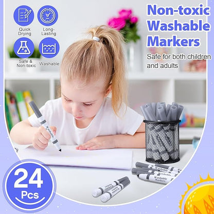 Janlaugh 24 Pcs Washable Markers Bulk Broad Line Markers Coloring Conical Tip Large pens for Kids art projects, Teachers, Students, Toddlers, Party Favors, Classrooms, Donations(Gray)