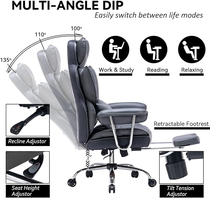 Efomao Big and Tall Office Chair 400lbs – PU Leather Executive Office Chair with Lumbar Support & Leg Rest, Heavy-Duty Computer Chair for Home Office, Dark Grey