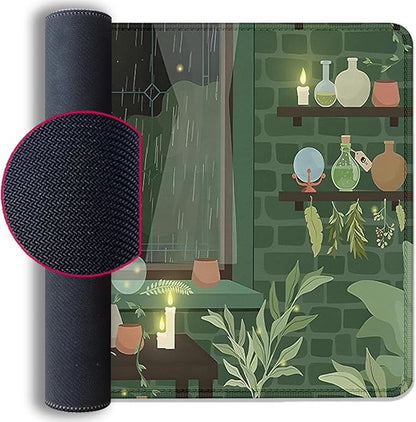 Black Cat Mouse Pad Green Plants Desk Mat Pad Anime Large Gaming Cartoon Cute Mouse Pad,Stitched Edges Non-Slip Waterproof Rubber Base Mous Mat for Office Home Work Gaming(27.5X11.8 in)