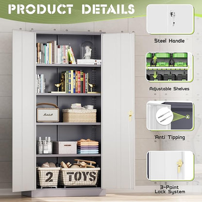 SUNCROWN 72" Metal Storage Cabinet - Heavy-Duty Metal Garage Cabinet with 4 Adjustable Shelves & 2 Doors for Tools, Office, Home, Workshop,Grey & White