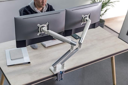 POUT E12 Dual Monitor Arm Mount Stand – Adjustable Full Motion Desk Mount for 17’’-32’’ Screens, Supports 4-22lbs per Arm, VESA 75x75mm & 100x100mm (White/Silver)