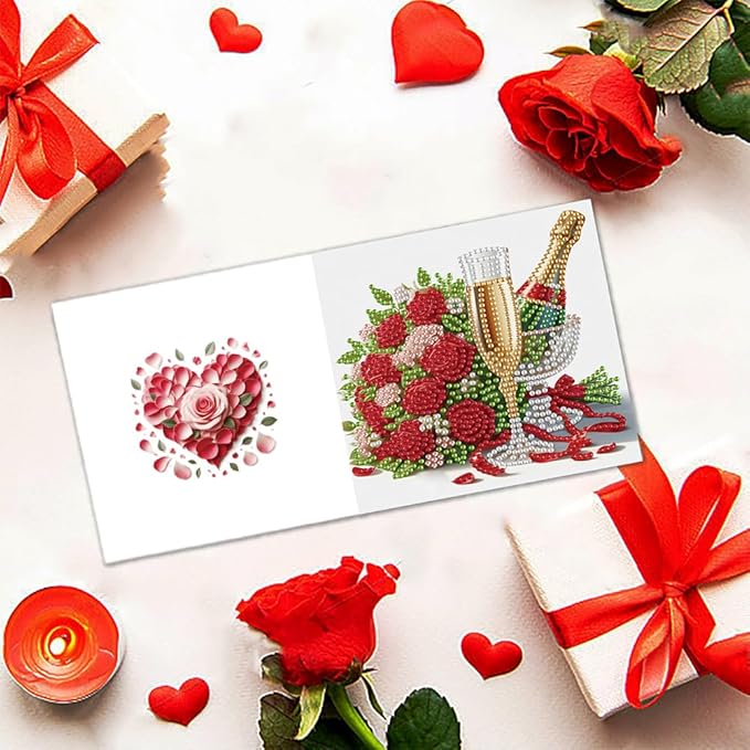 6pcs DIY Valentine Flower Coffee Diamond Art Painting Greeting Cards Kit, Rhinestone Art Holiday Birthday Card Set with Envelopes, DIY Festival Craft for Girlfriend, Christmas Valentine Gift Making Supplies