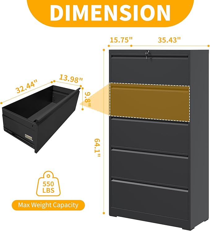 File Cabinet with Lock, 5 Drawer Lateral Filing Cabinet for Home Office, Black Metal Heavy Duty File Cabinets for Hanging Letter/Legal/F4/A4 Size Files, Assembly Required