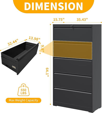File Cabinet with Lock, 5 Drawer Lateral Filing Cabinet for Home Office, Black Metal Heavy Duty File Cabinets for Hanging Letter/Legal/F4/A4 Size Files, Assembly Required