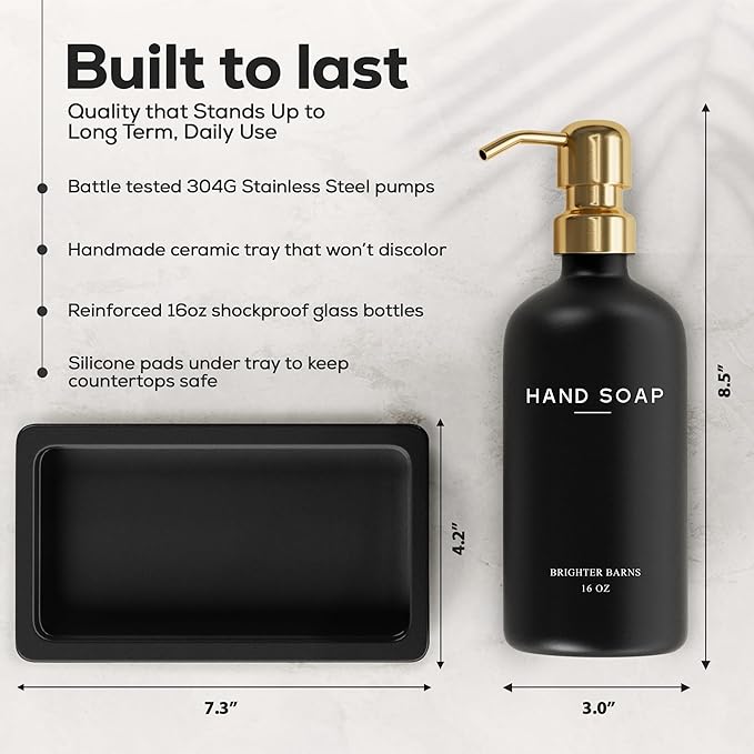 Luxury Glass Soap Dispenser Bathroom Set by Brighter Barns - Black and Gold Soap and Lotion Dispenser Set with Tray - Modern Bathroom Decor for Airbnb, Guest House, Vacation Rental, Gift (Black/Gold)
