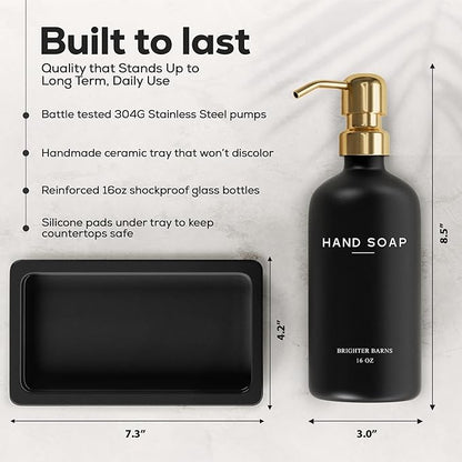 Luxury Glass Soap Dispenser Bathroom Set by Brighter Barns - Black and Gold Soap and Lotion Dispenser Set with Tray - Modern Bathroom Decor for Airbnb, Guest House, Vacation Rental, Gift (Black/Gold)