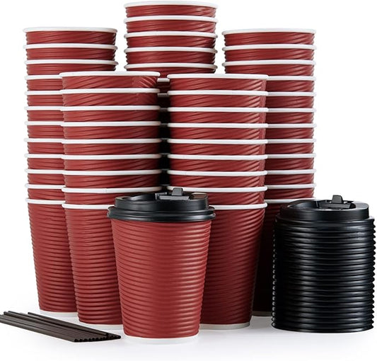 LITOPAK 80 Pack Insulated Ripple Wall 12 oz Disposable Paper Cups, Three Layer Insulated Hot Paper Coffee Cups with Lid and Straws for Parties, Picnics, and Travel