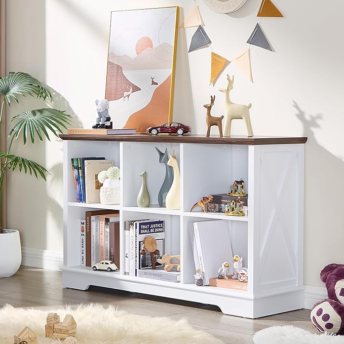 Book Shelf, 6 Cube Storage Organizer, 2-Tier Open Shelf Wooden Bookcase, Freestanding Wood Cube Storage Bookshelf for Bedroom, Living Room, Home Office (White)