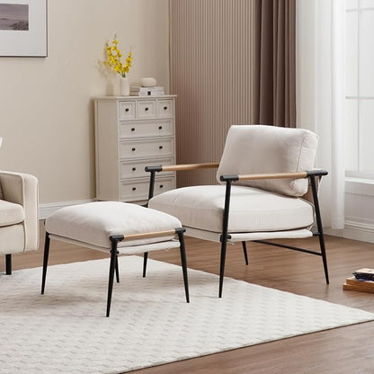 DUOMAY Mid Century Modern Accent Chair with Ottoman Set, Chenille Beige Upholstered Living Room Chair with Metal Legs Lazy Lounge Chair Set with Footrest for Bedroom Living Room