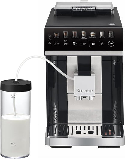 Kenmore Fully Automatic Coffee Maker - with Grinder, Milk Frother & Steamer, Auto Tamper, Descaler Expresso Machine, cafeteras electricas modernas machines For Home/Office Black
