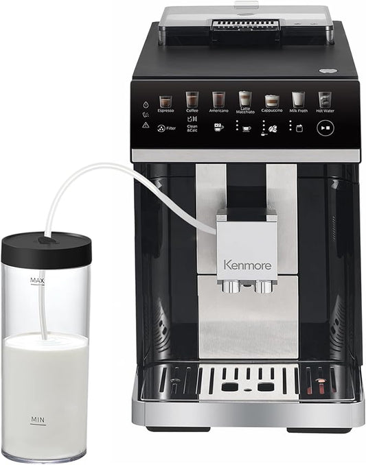 Kenmore Fully Automatic Coffee Maker - with Grinder, Milk Frother & Steamer, Auto Tamper, Descaler Expresso Machine, cafeteras electricas modernas machines For Home/Office Black