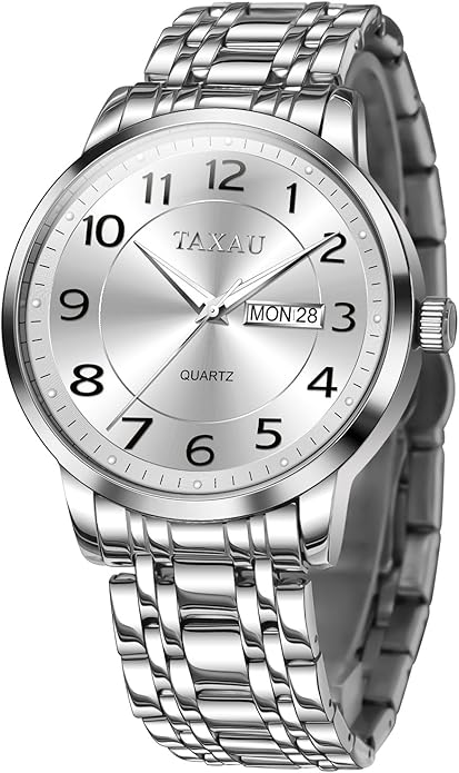 Stainless Steel Mens Watches with Day Date Quartz Analog Large Face Classic Watch Arabic Numerals Dress Luminous Rlojes para Hombres